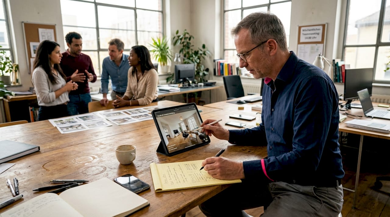 Makler richtet den Arbeitsbereich für virtuelle 3D-Besichtigungen ein