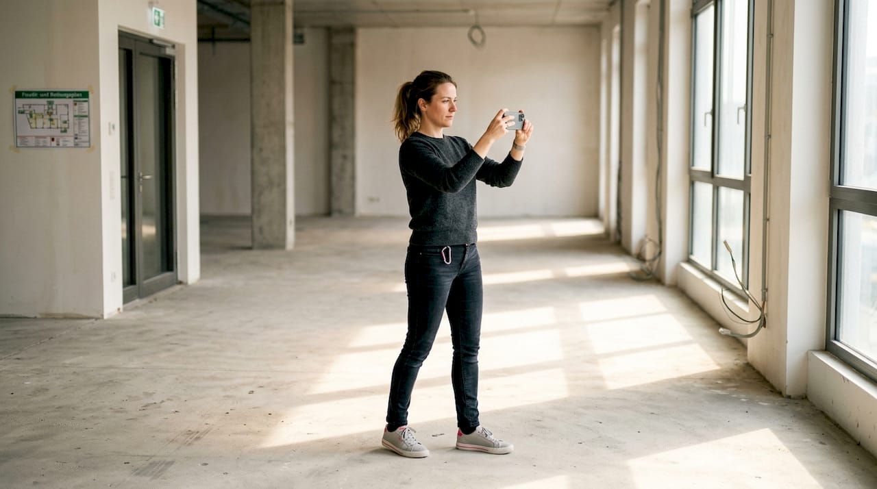 Ein Immobilienmakler erstellt eine 360°-Video-Tour in einem leerstehenden Gewerbeobjekt.