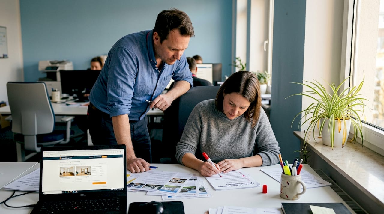 Mitarbeiter gehen gemeinsam die Checkliste für Immobilienanzeigen durch.