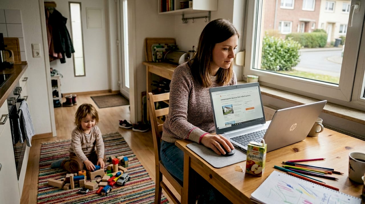 Eine junge Familie informiert sich gemeinsam von zu Hause aus über passende Immobilien.