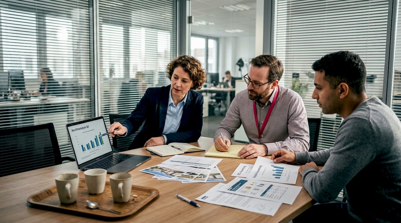 Mitarbeitende analysieren gemeinsam die Renditekennzahlen von Immobilien.