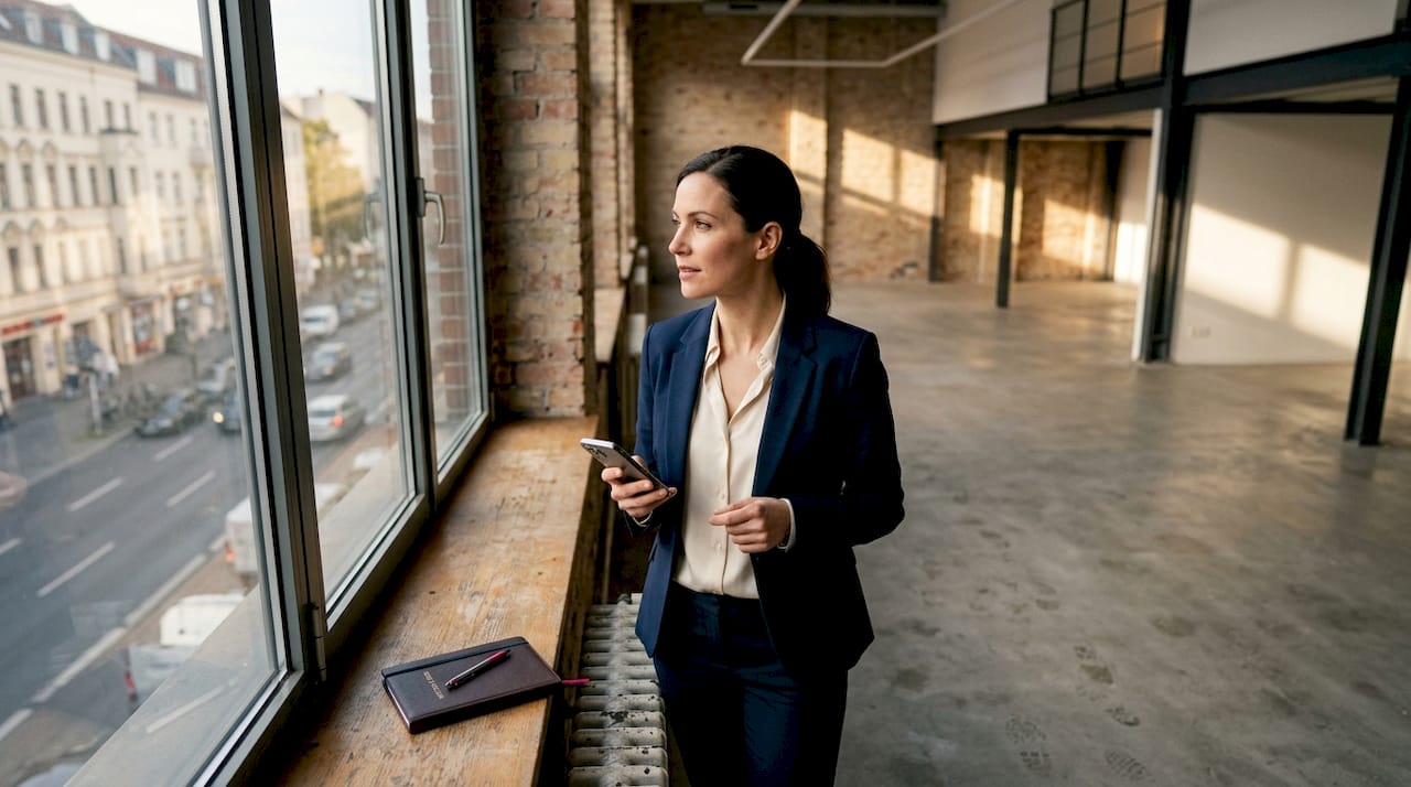 Unternehmerin besichtigt ein frei stehendes Loft als mögliches neues Büro.