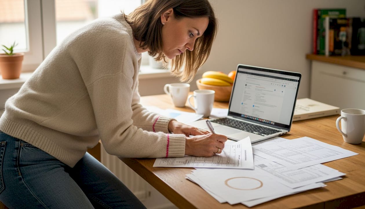 Eine Frau sitzt am Küchentisch und nimmt Immobilienunterlagen ganz genau unter die Lupe.