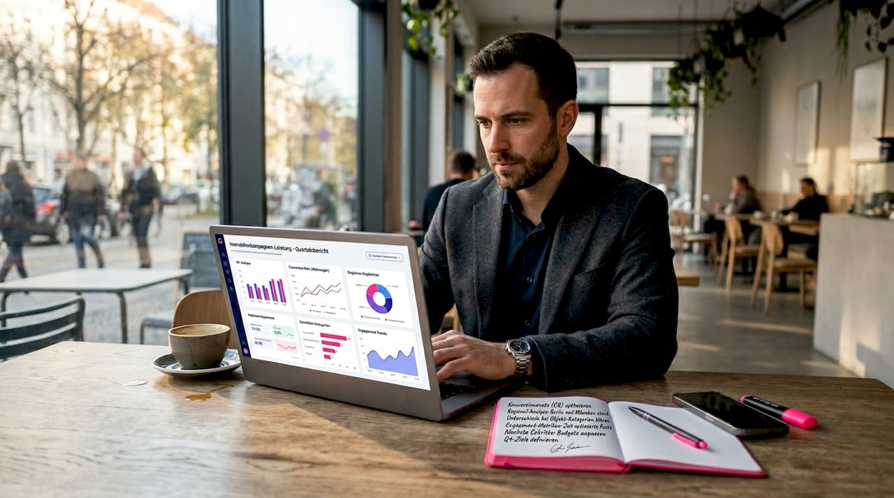 Eine Marketing-Analystin wertet aktuelle Immobilienmarktdaten aus.