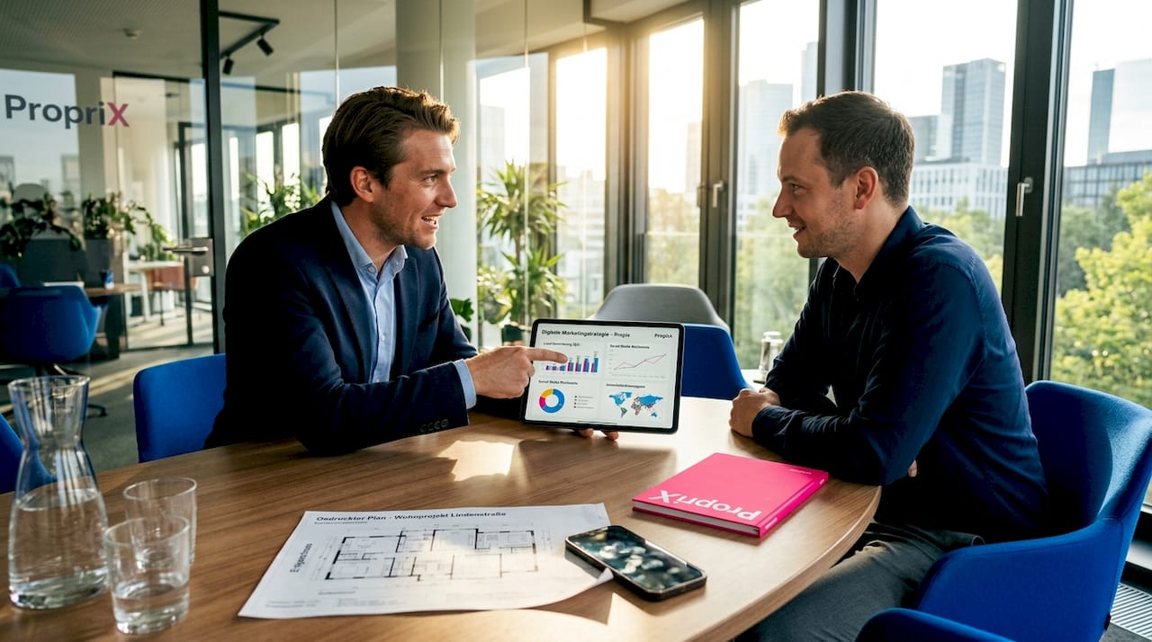 Das Team entwickelt gemeinsam eine Strategie für digitales Immobilienmarketing.