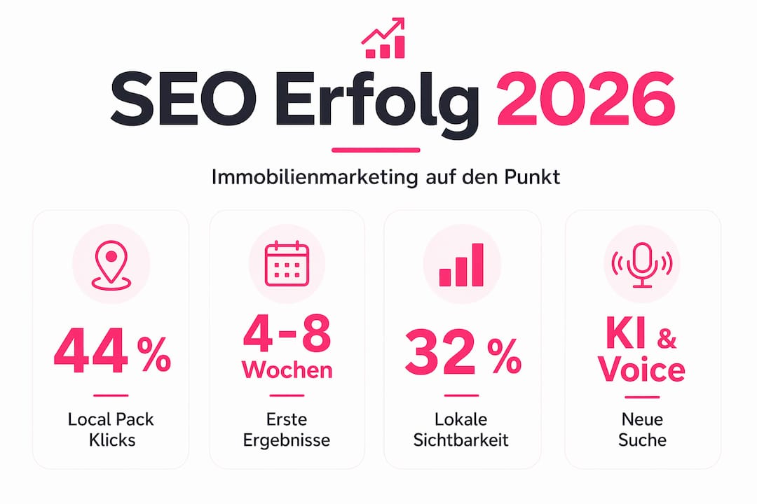 Übersichtliche Infografik: Wichtige SEO-Zahlen und Trends in der Immobilienbranche auf einen Blick
