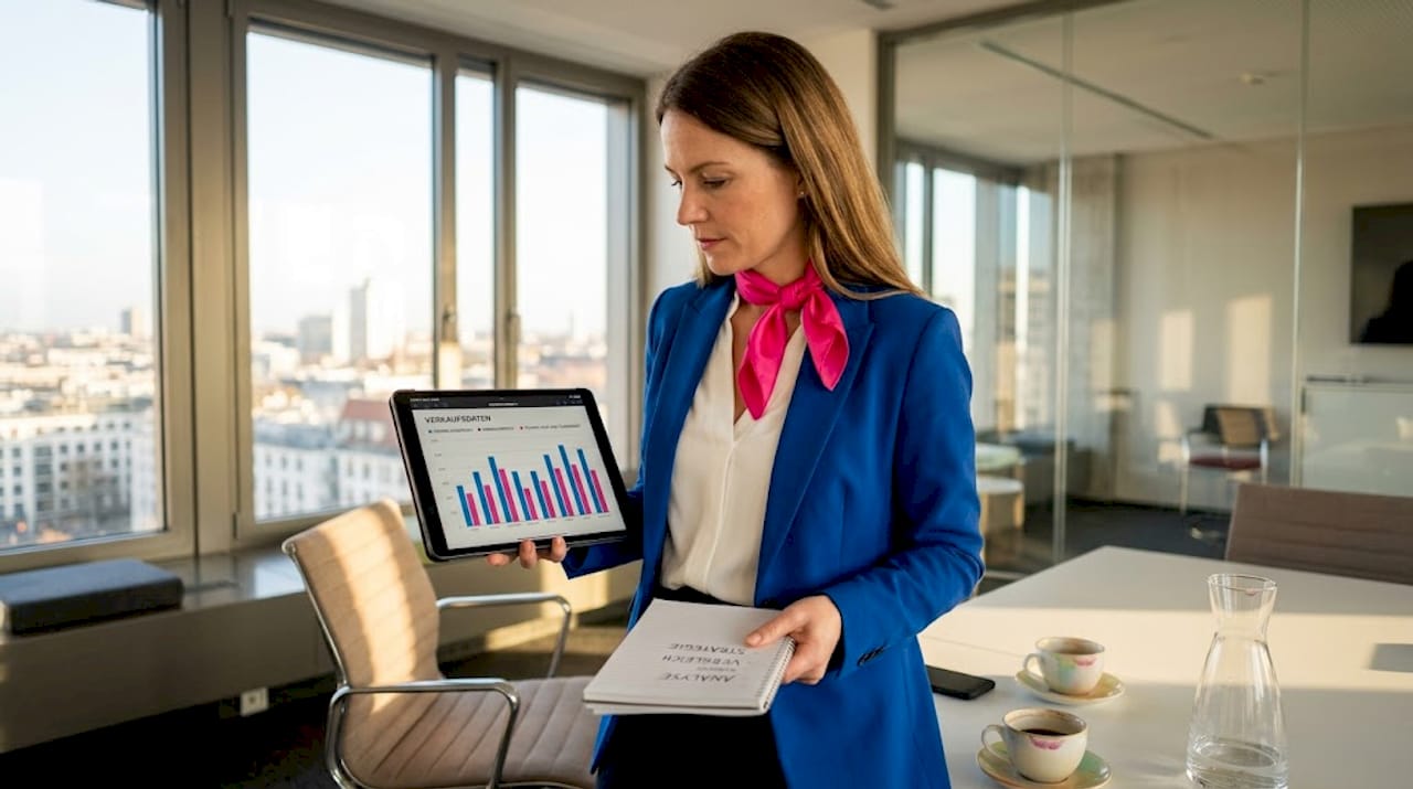 Eine Frau beschäftigt sich am Tablet mit der Analyse von KI-basierten Vertriebsleads und nutzt dazu ein Whiteboard für ihre Notizen.