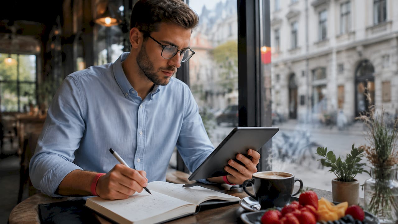 Eine Marketing-Analystin analysiert den Lead-Funnel direkt auf dem Tablet.