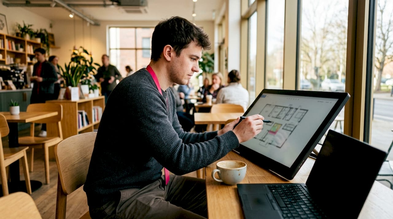 Ein UX-Designer bedient ein interaktives Touchscreen-Display mit einem digitalen Grundriss einer Immobilie.