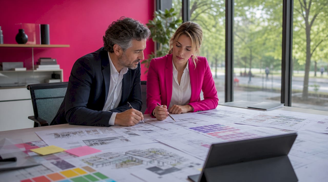 Zwei Projektplaner besprechen gemeinsam die Unterlagen zum aktuellen Projekt.