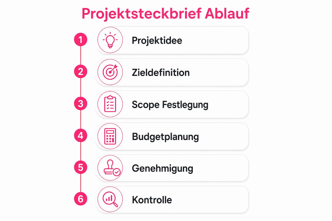 Diese Infografik veranschaulicht, wie ein Projektsteckbrief Schritt für Schritt entsteht.