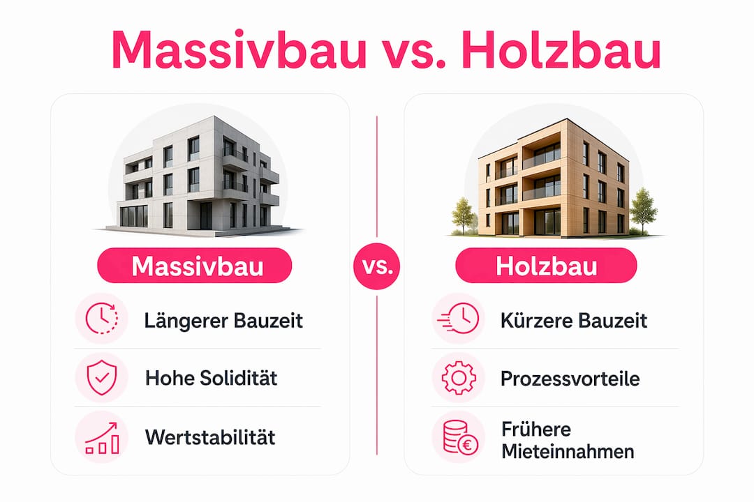Infografik: Gegenüberstellung von Massivbau und Holzbau