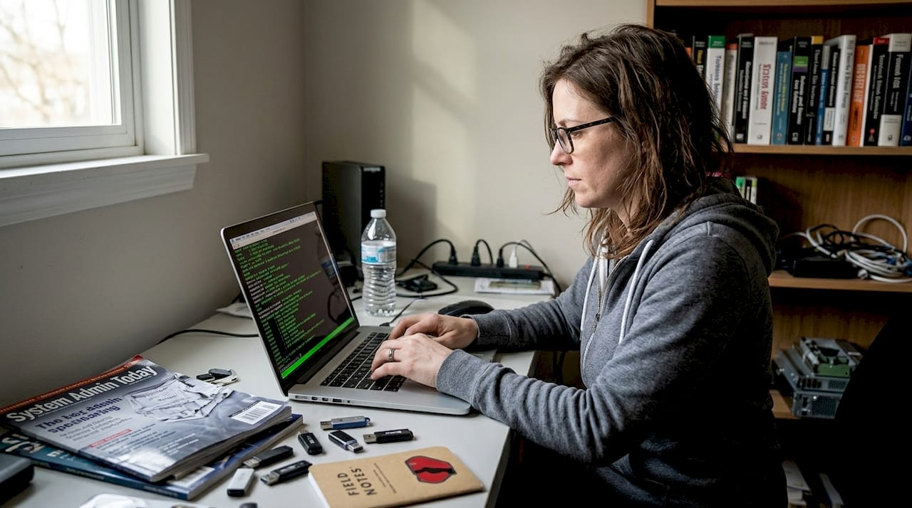 Admin manages VPS hosting on laptop