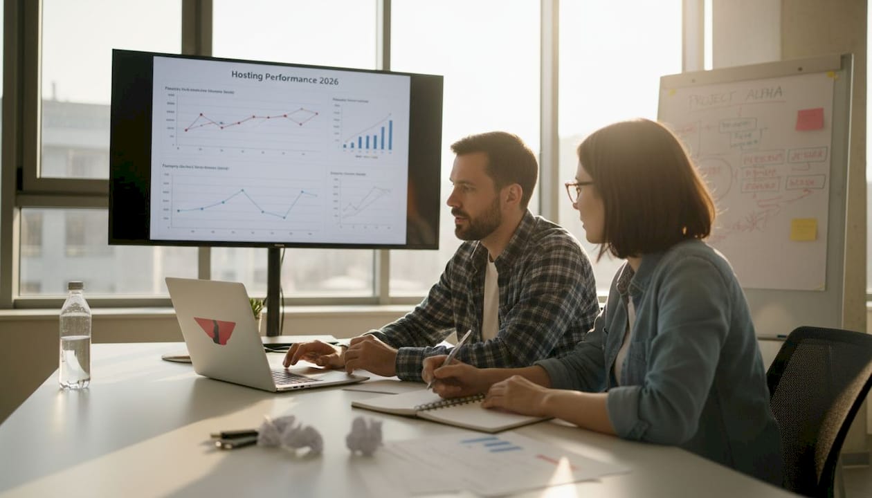 Engineers comparing cloud hosting benchmarks