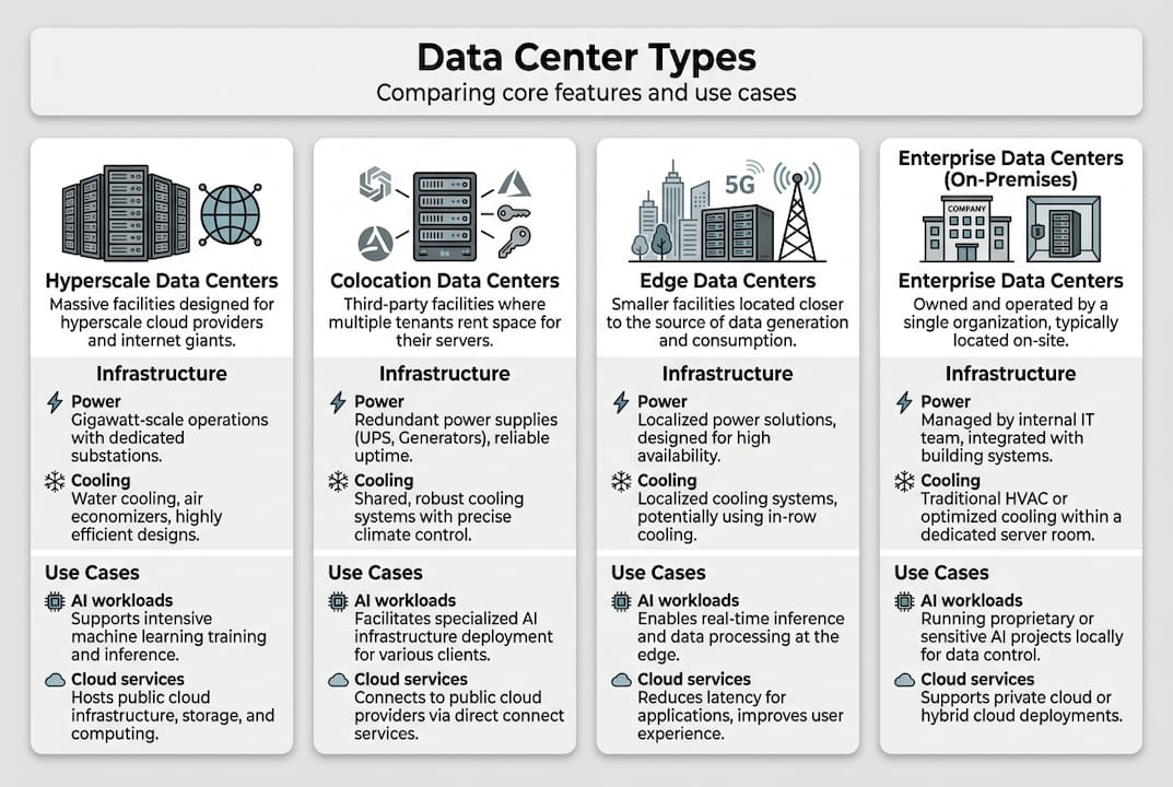 Infographic showing data center types and features