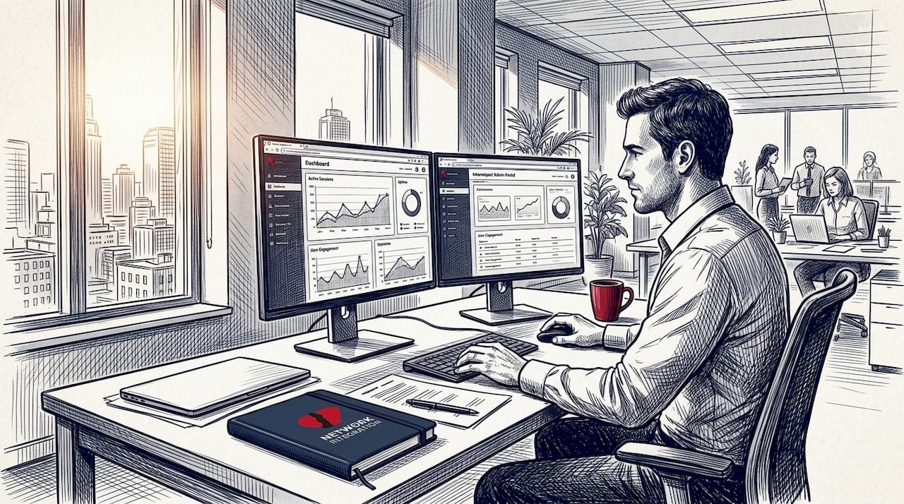 Person managing multiple websites at desk