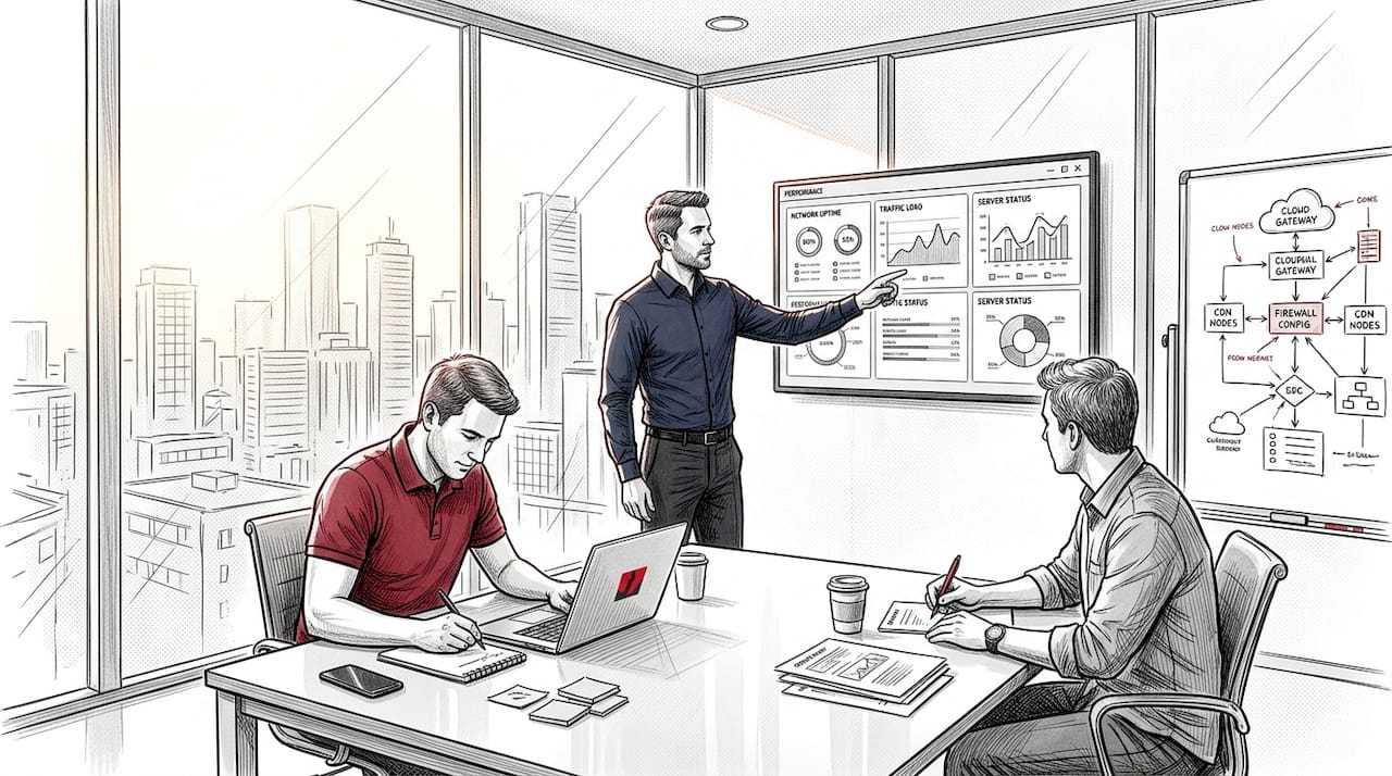 IT team reviews server dashboard in conference room