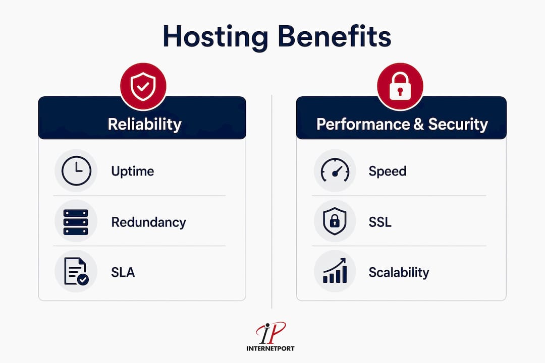 Infographic comparing hosting benefits for SMB reliability and performance