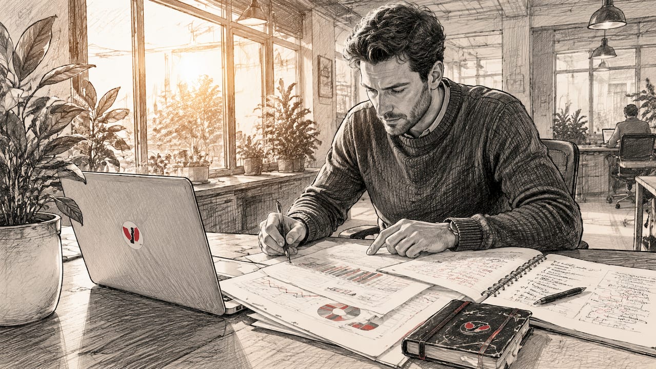 Small business owner reviewing server performance papers
