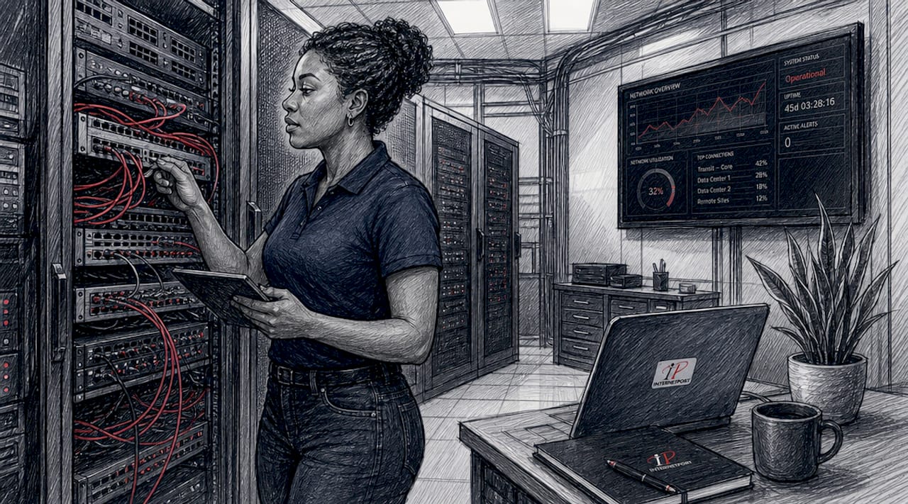 Technician checking network redundancy equipment