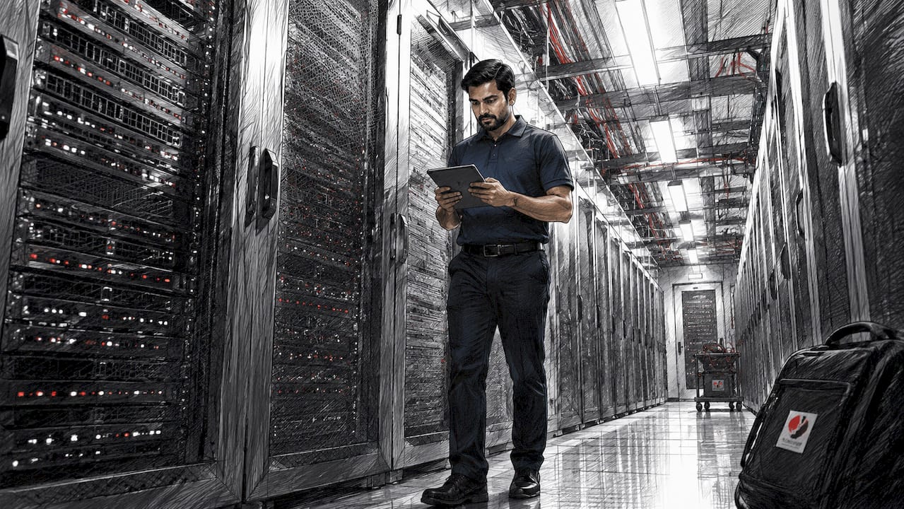 Technician checking servers in data center aisle
