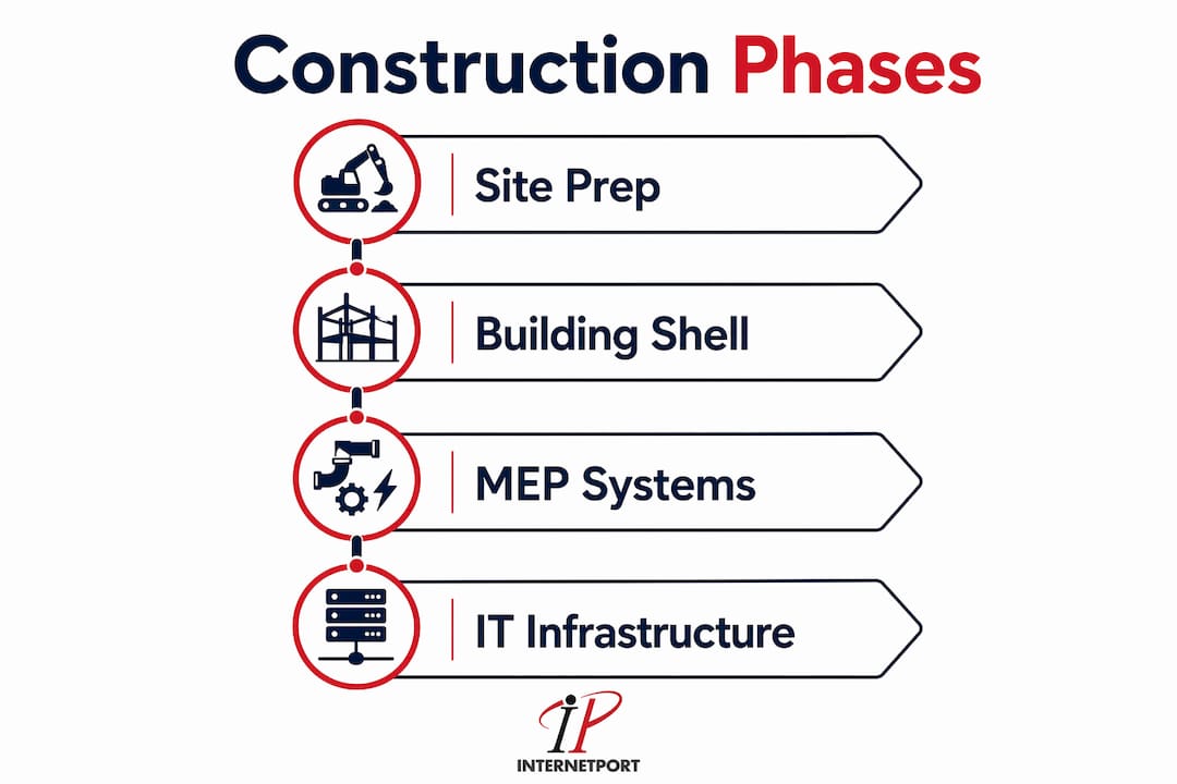 Infographic showing data center construction phases