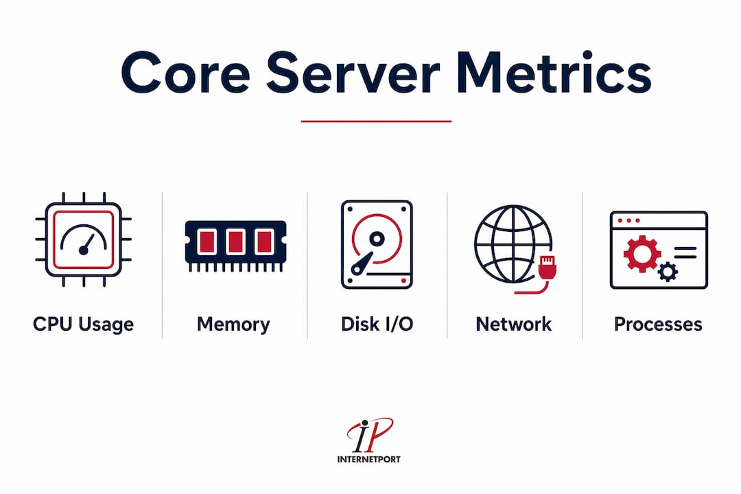 Infographic showing key server monitoring metrics in hierarchy