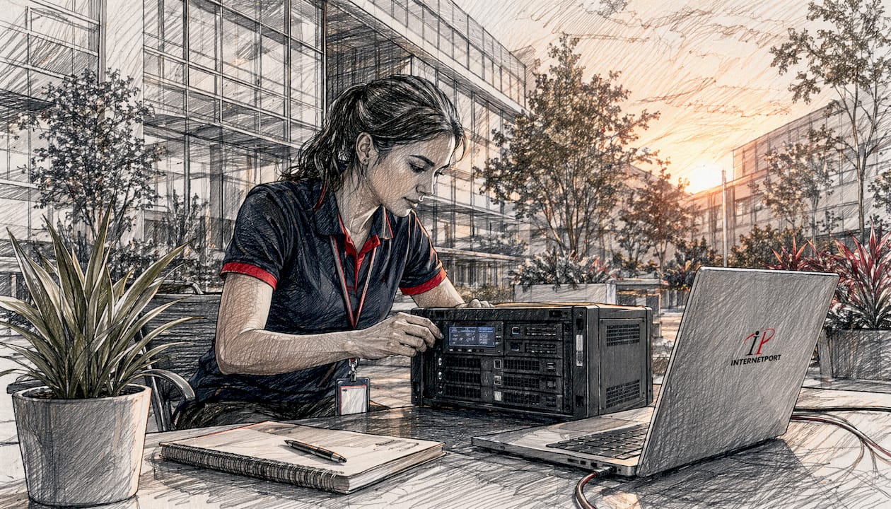 Technician inspecting server hardware in data center
