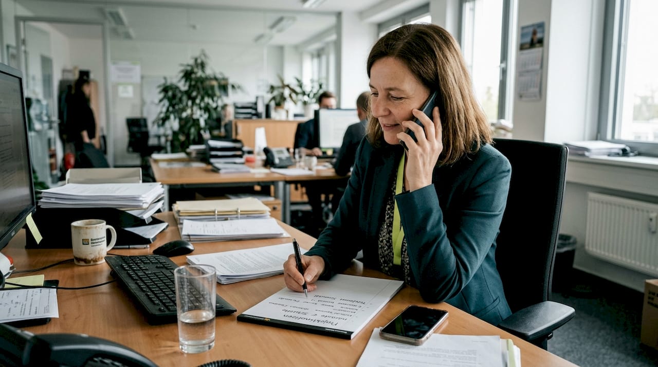 Eine Geschäftsfrau führt ein Telefonat an ihrem Schreibtisch.