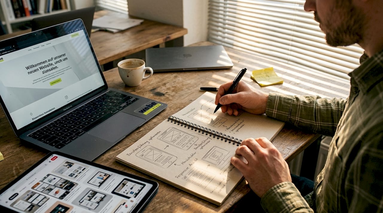 An einem vollgepackten Schreibtisch sitzt ein Designer und entwirft per Hand erste Skizzen für neue Webseitenlayouts.