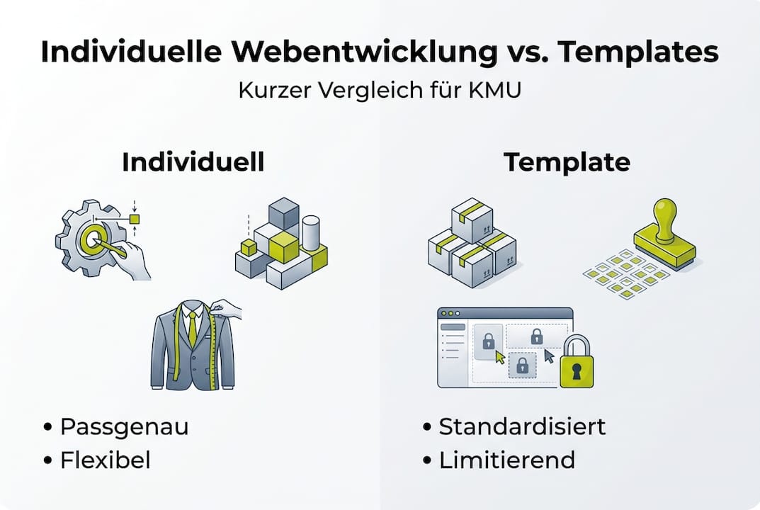 Infografik: Gegenüberstellung individuelle Webentwicklung vs. fertige Templates