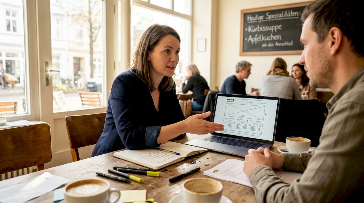 Ein Projektmanager berät einen kleinen Unternehmer zu verschiedenen Geschäftsfragen.
