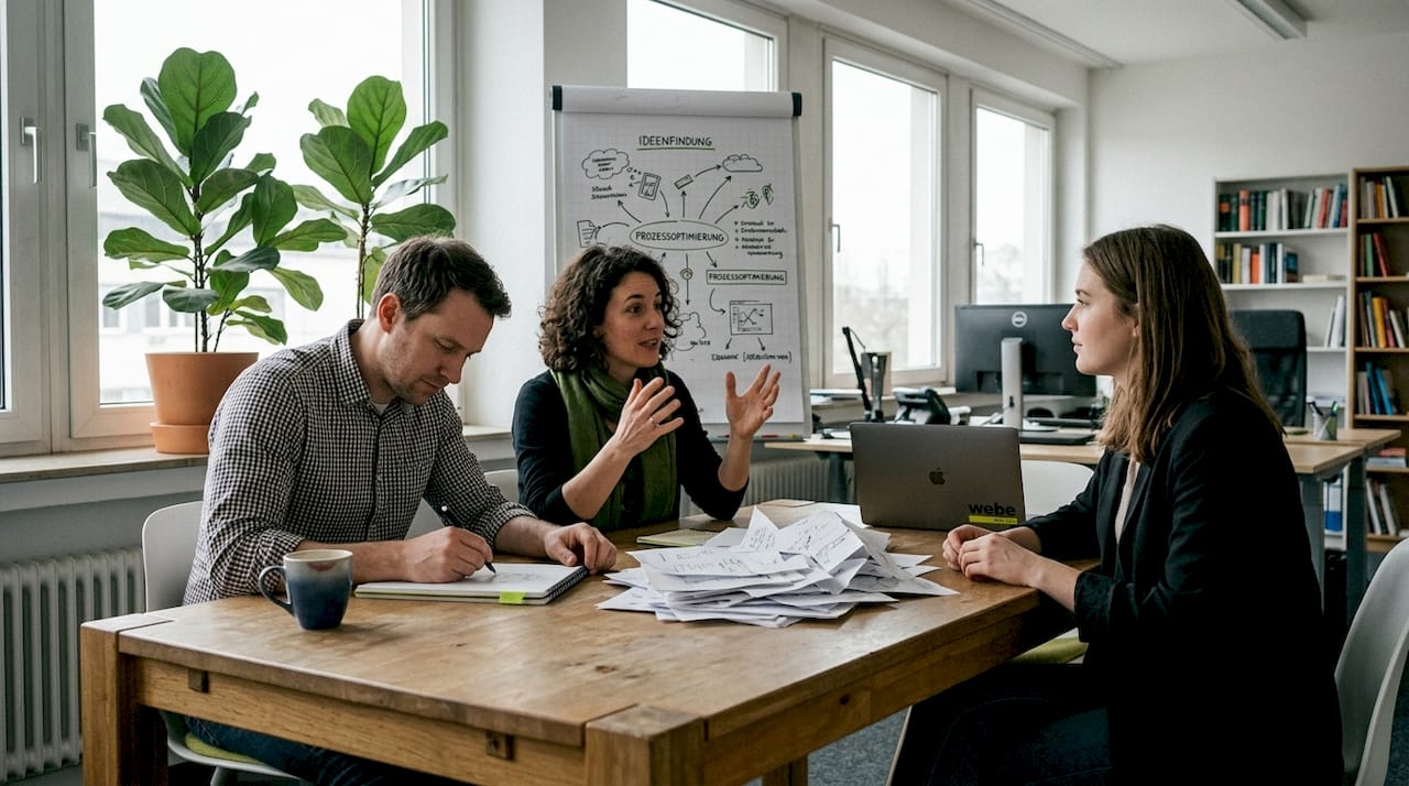 Gemeinsamer Workshop mit Kolleginnen und Kollegen aus verschiedenen Fachbereichen am großen Besprechungstisch im Büro.