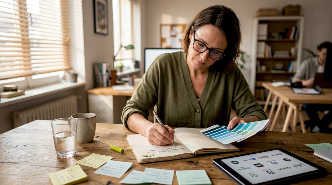 Eine Frau sitzt am Schreibtisch und entwickelt das Leitbild für die Markenidentität.