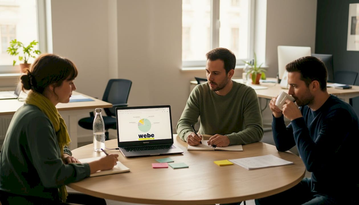 Das Team tauscht sich intensiv über nachhaltige Ansätze im Webdesign aus und entwickelt gemeinsam neue Strategien.