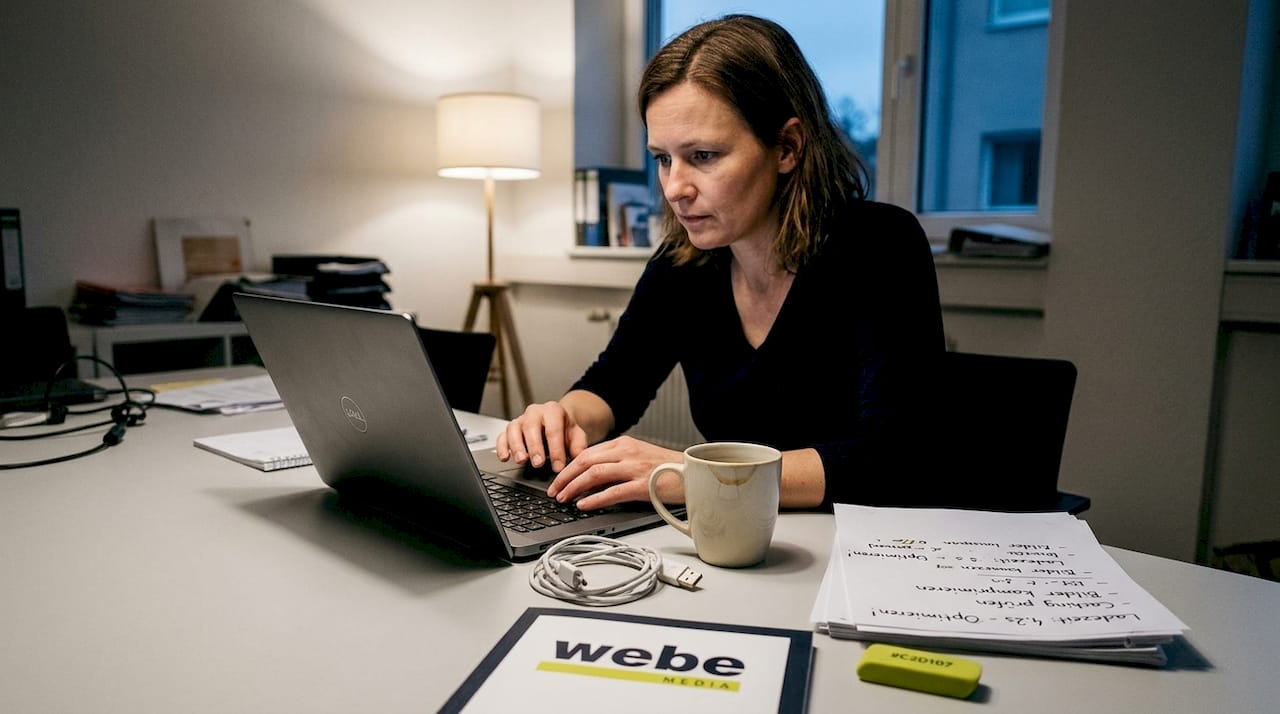 Eine Mitarbeiterin überprüft im Büro die Ladegeschwindigkeit und Funktionalität von Webseiten.