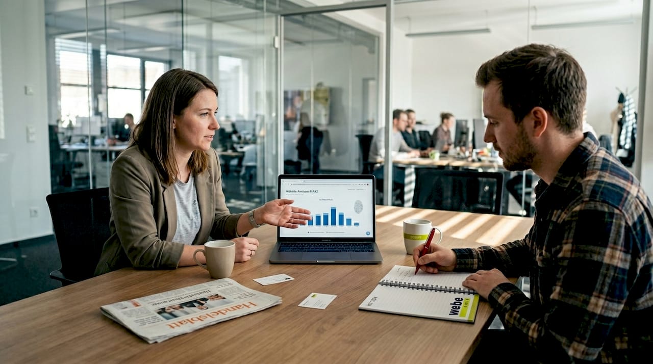 Im Besprechungsraum wirft das Team gemeinsam einen Blick auf die aktuellen Website-Erfolge.