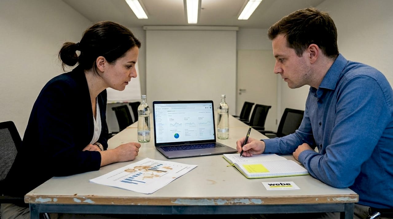 Mitarbeitende werten gemeinsam die Webseitendaten aus.