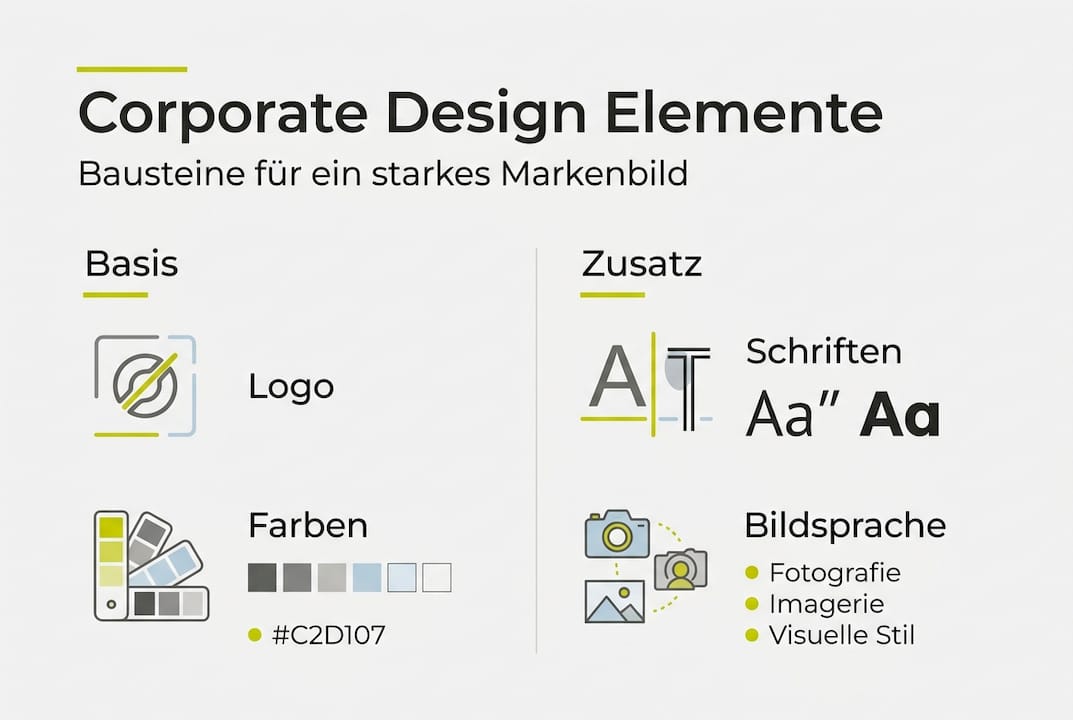 Die Infografik veranschaulicht die wichtigsten Bestandteile des Corporate Designs.