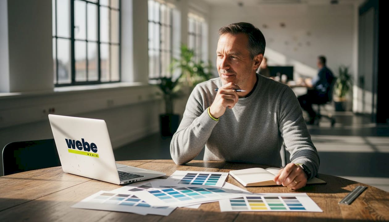 Ein Mann prüft verschiedene Farbkombinationen für das Marken-Design an seinem Arbeitsplatz.