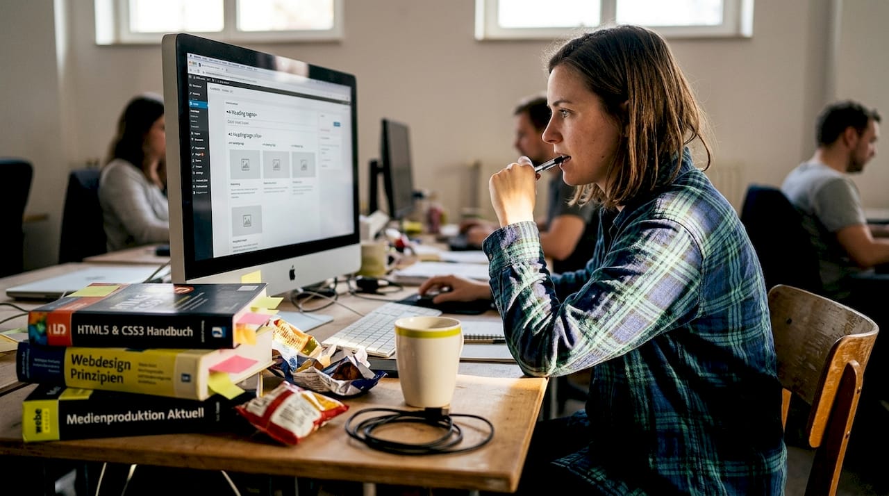 Ein Webdesigner überarbeitet die Website, damit die wichtigsten SEO-Grundlagen erfüllt sind.