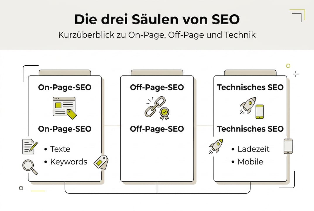 Die Infografik veranschaulicht die drei Grundpfeiler einer erfolgreichen SEO-Strategie.