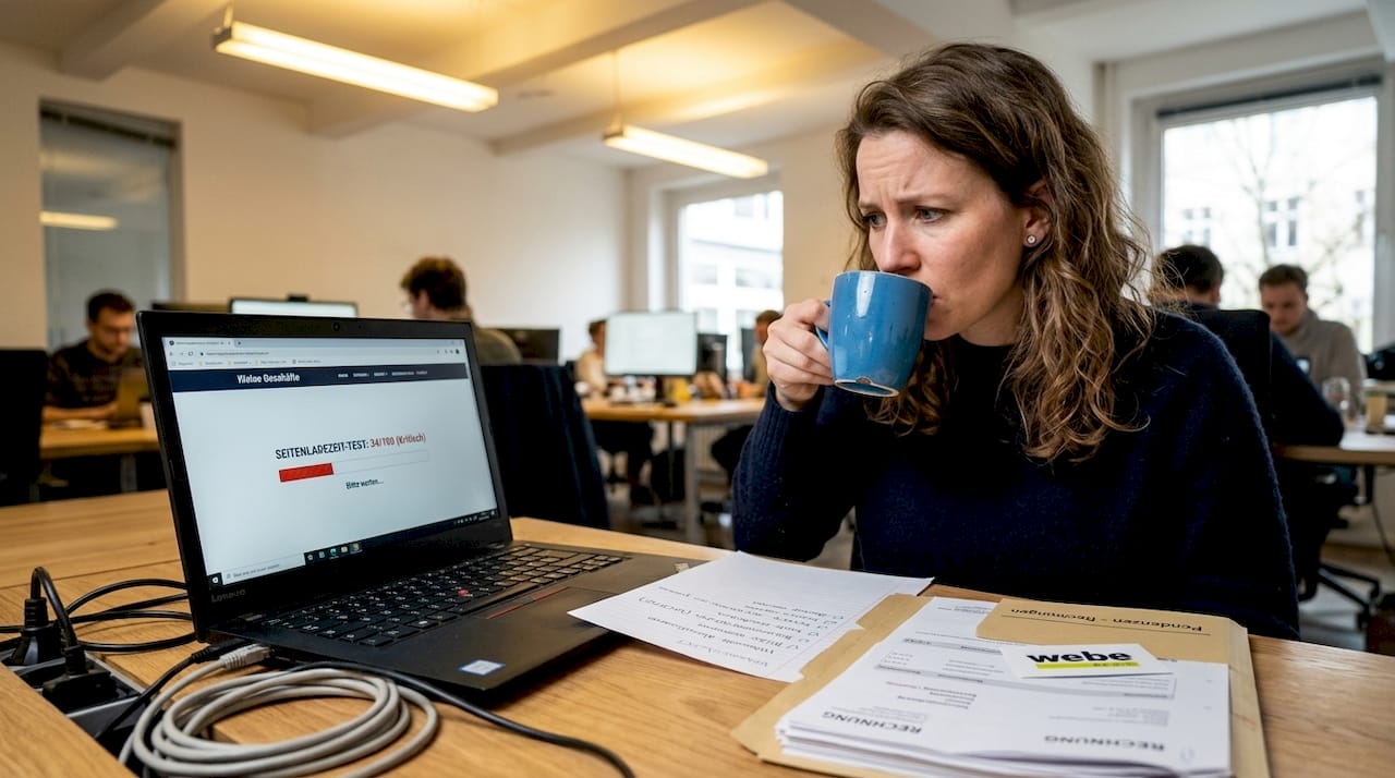 Ein Inhaber eines kleinen Unternehmens bringt seine Webseite auf den neuesten Stand, um bei Google & Co. besser gefunden zu werden.