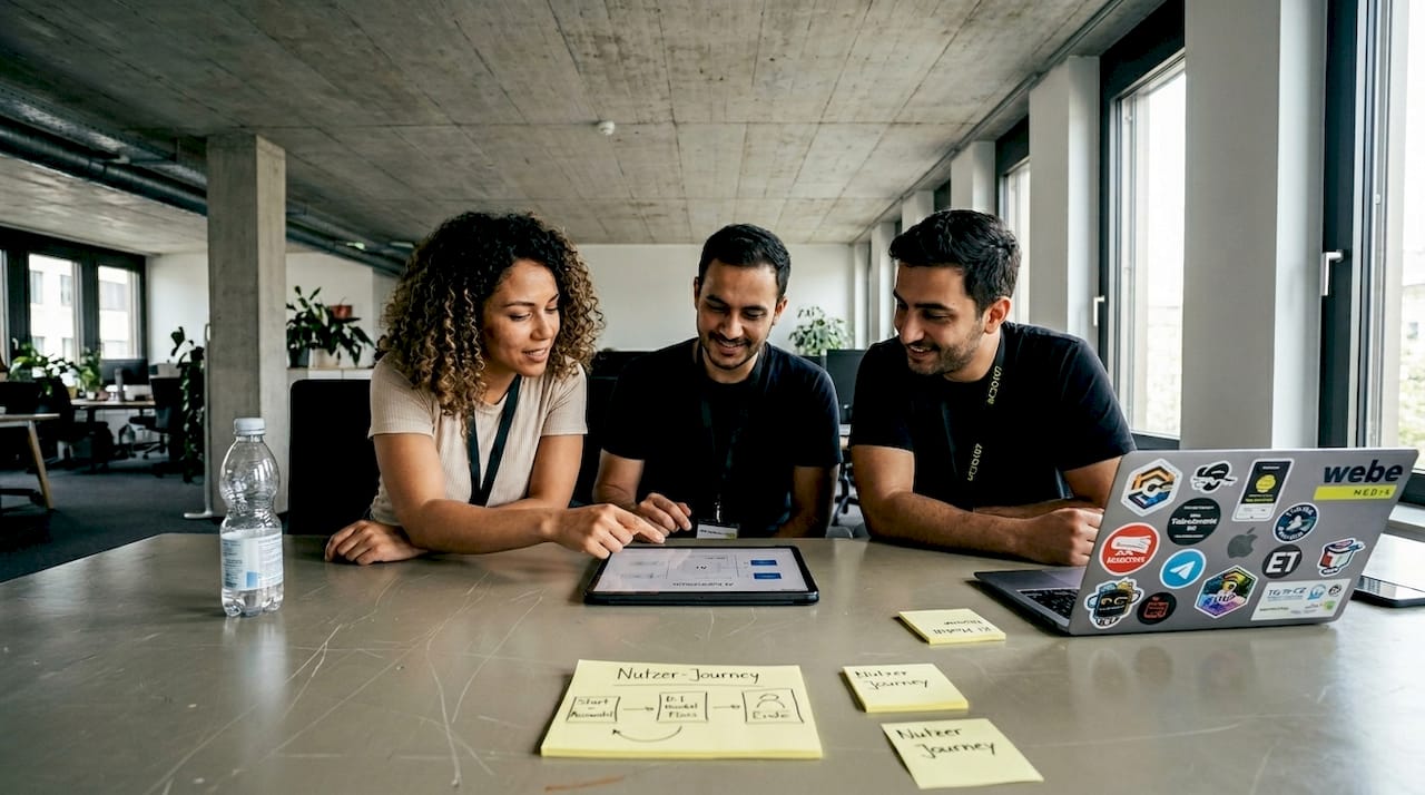 Das Team tauscht sich am Konferenztisch über den Einsatz von KI-Tools aus.
