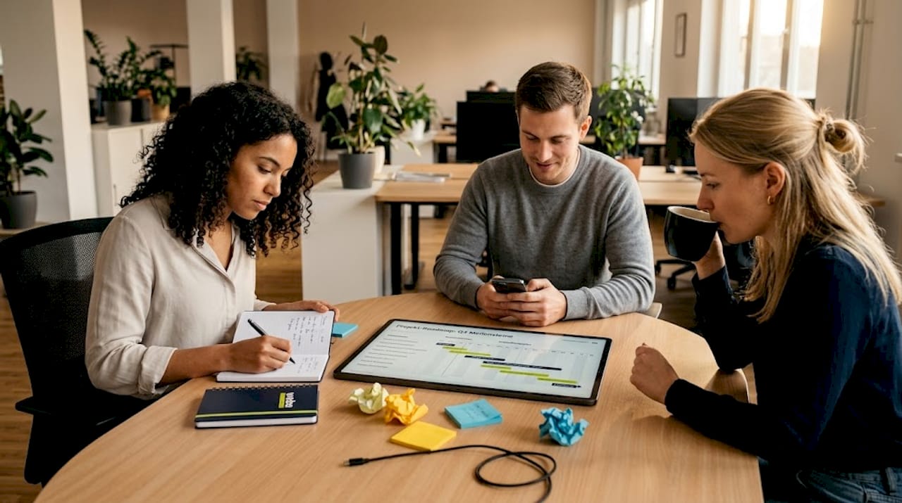 Das Team trifft sich, um gemeinsam die digitale Strategie zu besprechen und neue Ansätze zu entwickeln.