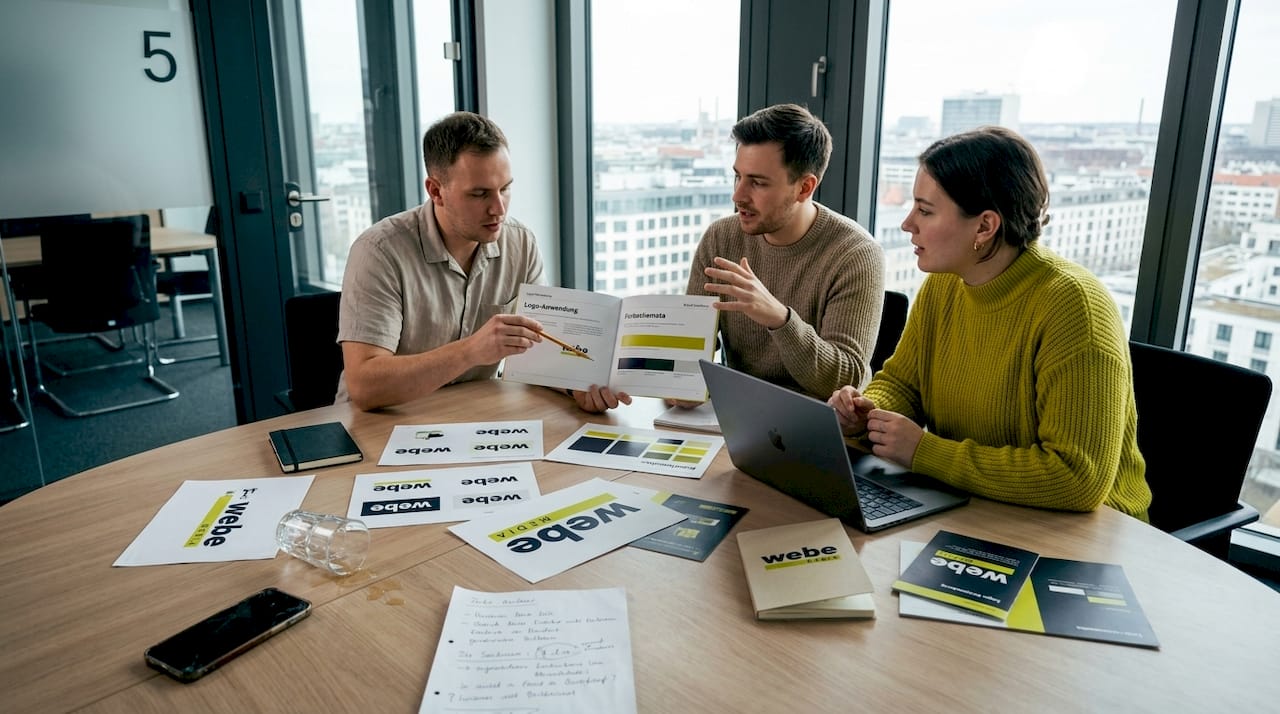 Das Team bespricht gemeinsam am Tisch den Brand Styleguide.