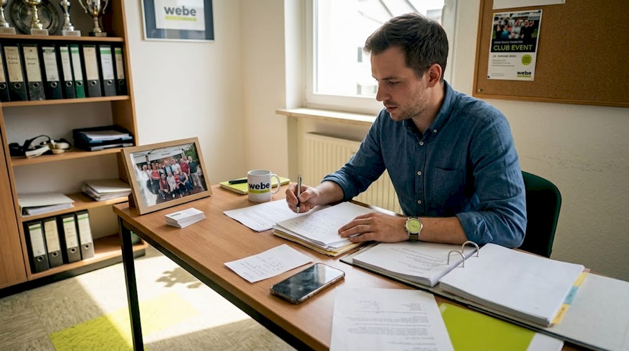 Ein junger Projektleiter sitzt konzentriert an seinem Schreibtisch und arbeitet mit wichtigen Unterlagen.
