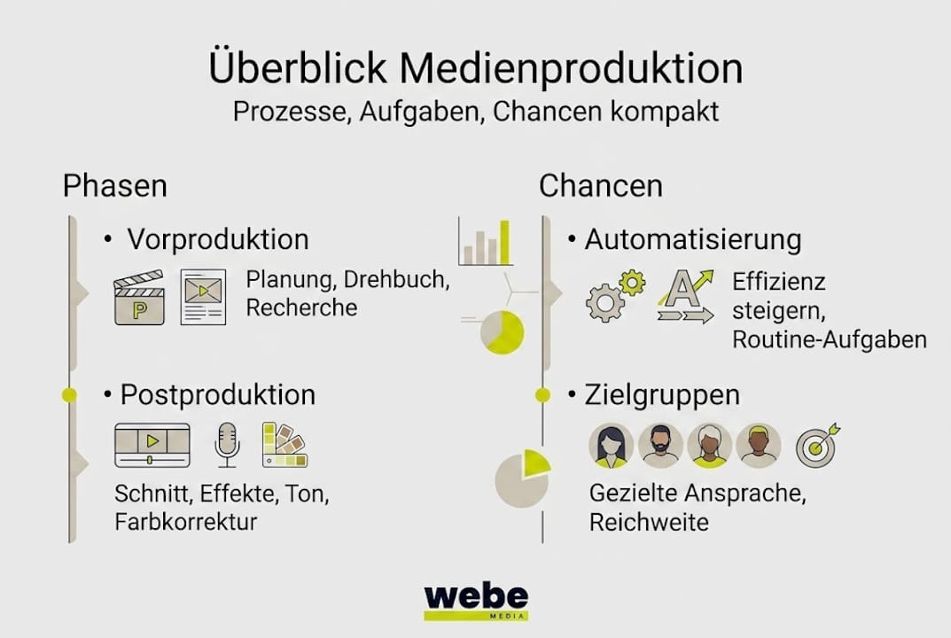 Die Infografik veranschaulicht die einzelnen Schritte der Medienproduktion und zeigt auf, welche Möglichkeiten sich dabei bieten.