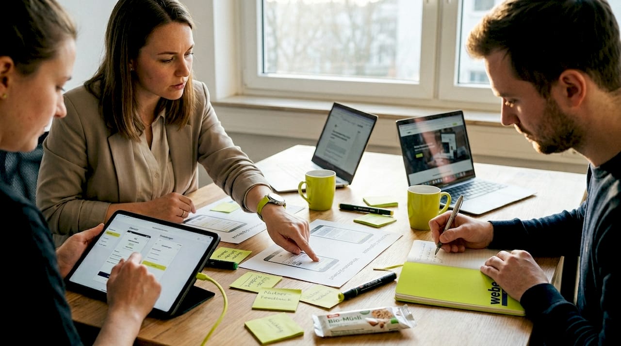 Das Team begutachtet gemeinsam die neuesten Webdesign-Entwürfe.