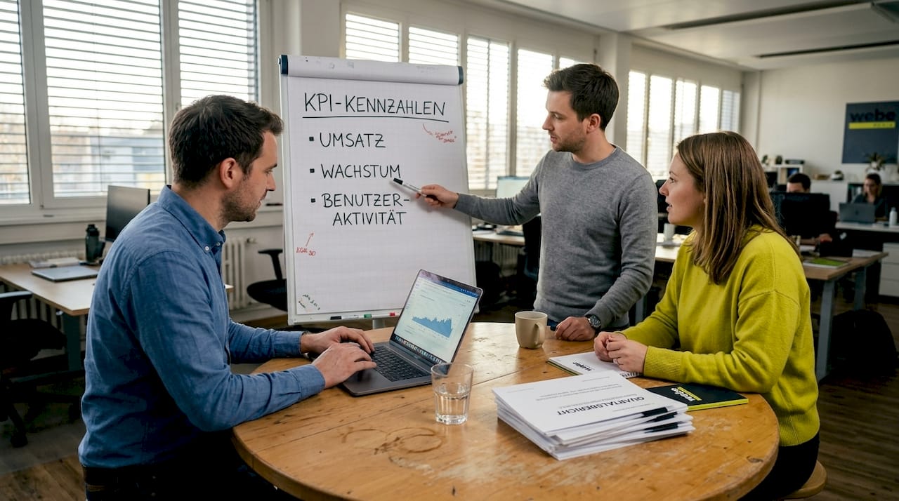 Ein Team tauscht sich im Büro über die wichtigsten Marketing-Kennzahlen aus.